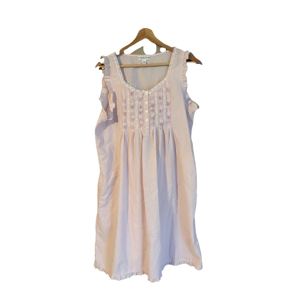 Miss Elaine Nightgown Women M Pink Excellent Seersucker Embroidered Sleeveless